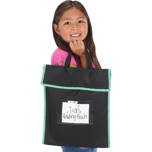 Really Good Stuff Store More Large Book Pouches, 4-Pack | Black with Blue Trim, Stitched-on Handle, Clear Name Tag Pocket, Durable Fabric, Water Resistant, Send Home Books & Homework - Image 2