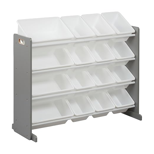 ECR4Kids 4-Tier Organizer with 16 Removable Plastic Bins, 4x4, Toy Storage, Grey/White | Durable plastic bins, MDF panels, steel frame, GREENGUARD Gold Certified, 60 lb capacity, anti-tip kit, playroom/classroom by ECR4Kids