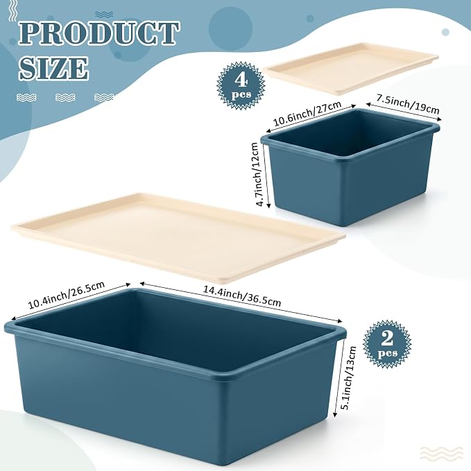 6 Pcs Large and Small Plastic Storage Bins with Lids 14.4 x 10.4 x 5.1 Inch Stackable Storage Containers Decorative Cubby Organizer for Clothes Shelves Garage Closet Office (Blue) - Image 2
