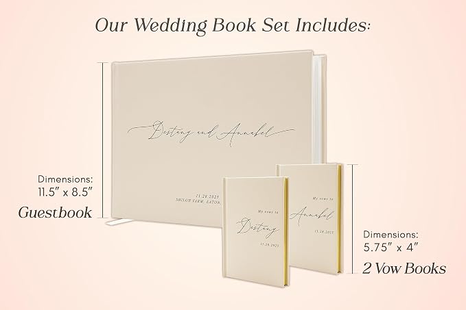 Personalized Wedding Book Set with Guestbook Vow Books (Design 1) - Custom Large 11.5 x 8.5 Guest Signin Book, 5.75 x 4 Vow Books for Marriage Ceremony Reception, Gift for Engaged Couple, Oats - Image 2
