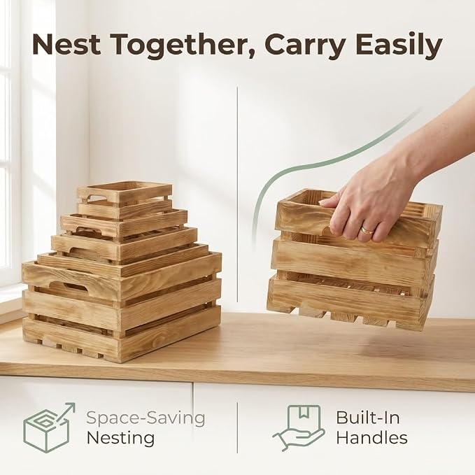 Wooden Crates for Display 6 Pack, Rustic Nesting Wood Crates | 6 sizes of pine wood crates with handles for farmhouse decor, storage, weddings, markets, and DIY crafts - Image 4