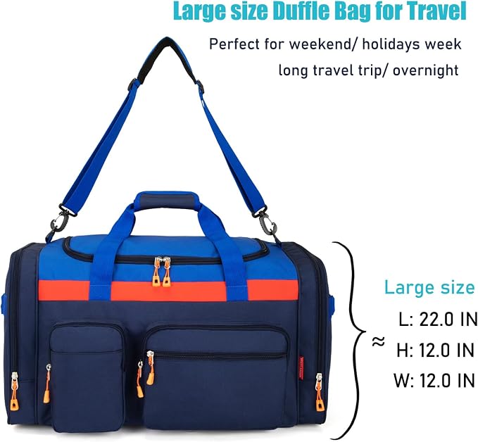 Large Kids Duffle Bag for Travel, Overnight or Weekend,Dark Blue | Roomy Size: 22.0"L x 12.0" H x 12.0"W, Made of Thick Polyester Fabric - Image 5