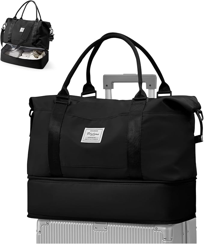 Travel Duffel Weekender Bag Women Tote Carry On Bags With Shoe Compartment | 18x14x8 inches Travel Overnight Bags with Trolley Sleeve for Airplanes Sport Tote Gym for Men Lightweight Daypack Black... by VECAVE