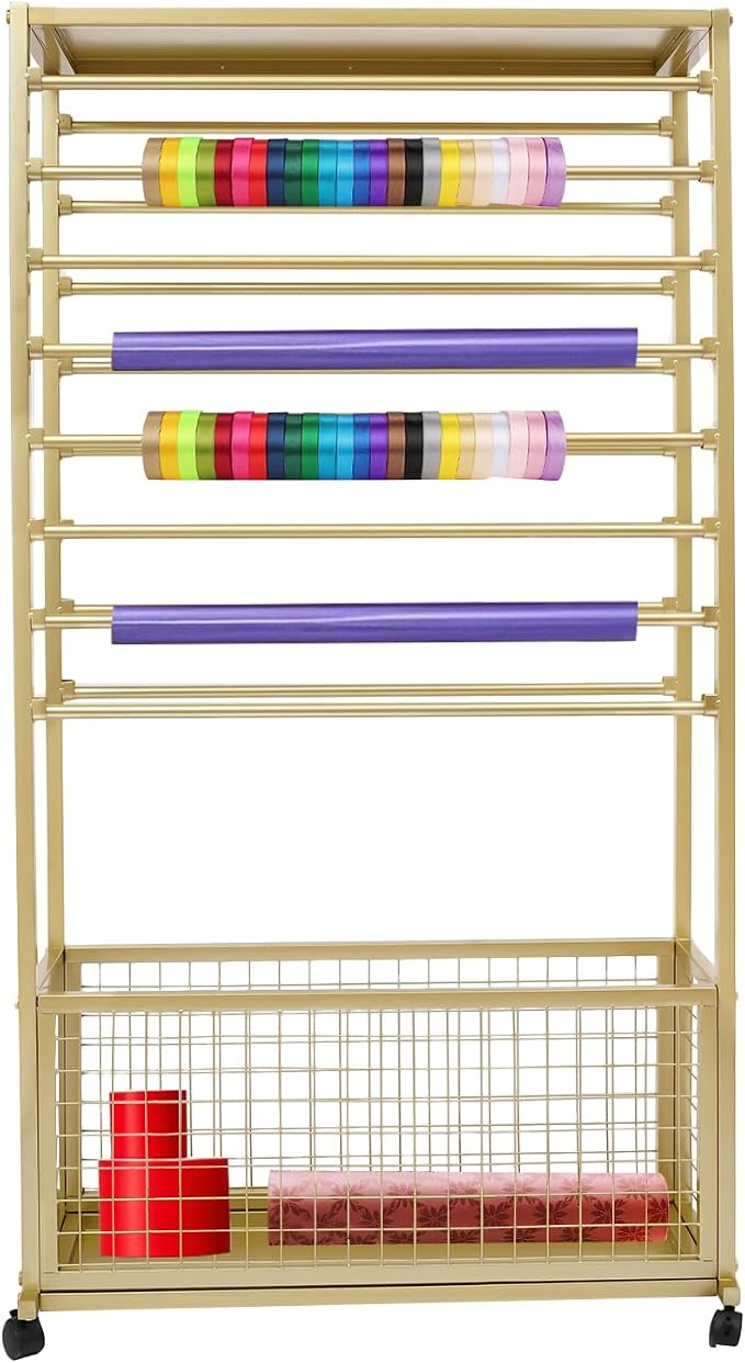 Ribbon Holder Organizer Rack, Double-Sided 16-Layer Ribbon Shelf with Wheel | Ribbon Display Rack, Multifunctional Metal Flower Wrapping Paper Storage Stand for Craft Room Flower Shop, Widen, Gold by LifeFirstChoice-Blisiour