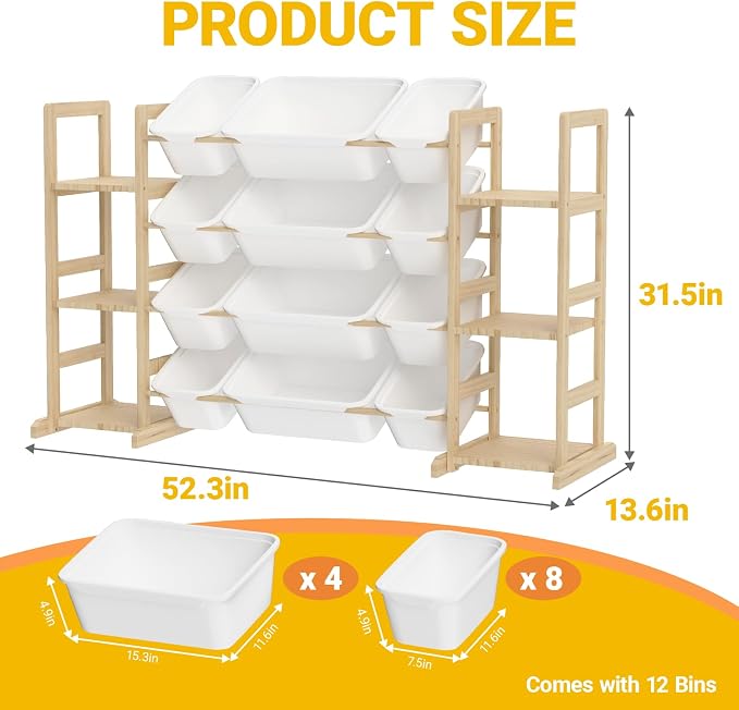 Toy Storage Organizer with Bookshelf for Kids, Large Wooden Shelf with 12 Storage Bins & 6 Shelves, Toy Box Organization for Kids Rooms, Playroom, Nursery and Living Room - Image 2