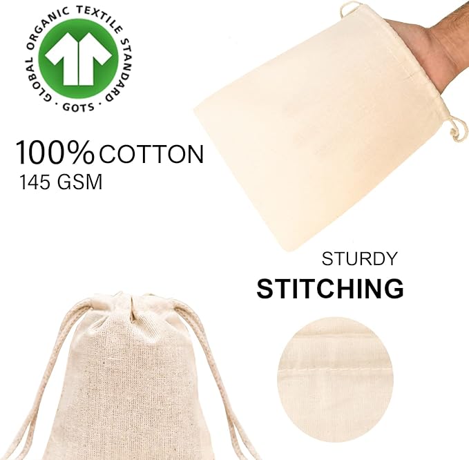 12x18 inches Natural Cotton Double Drawstring Reusable Produce Muslin Bags – Multipurpose Drawstring Storage Pouch for Everyday Use (Pack Of 100) - Image 7