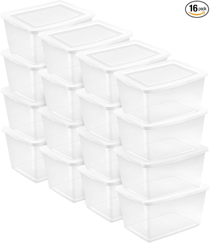 Sterilite Clear Storage Box Stackable Tote, 58 Quart, 16-Pack | Clear Plastic Container with Secure Snapping Lids for Home and Office Organization, White by Sterilite