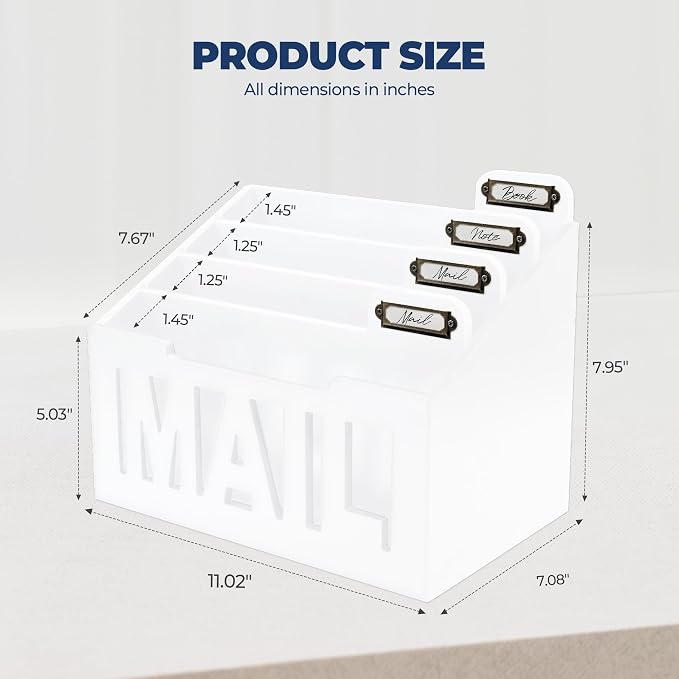 Mail Organizer Countertop, Desktop Mail Sorter with 4 Slots & Labels, White | Bills, Letters, Envelopes & Receipts - Image 3