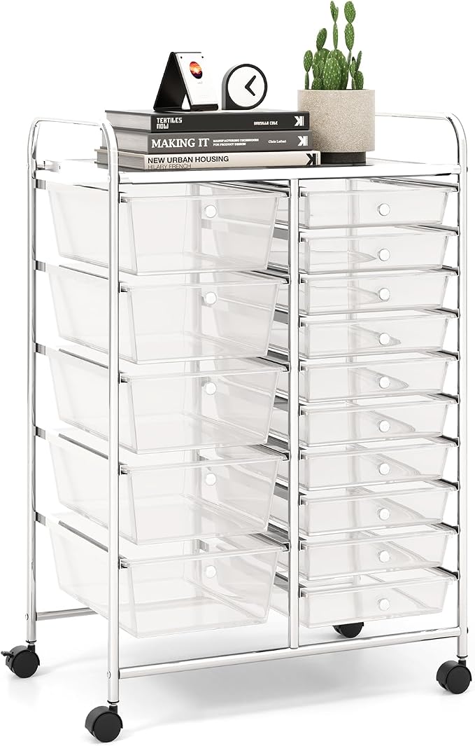 15 Drawer Rolling Storage Cart, Rolling Cart with Drawers for Classroom, Art Supply Craft Organizer on Wheel with Metal Frame & Handles for Home Office School by LDAILY