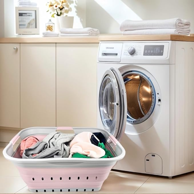 SAMMART 42L (11 gallon) Collapsible Plastic Laundry Basket - Foldable Pop Up Storage Container/Organizer - Portable Washing Tub - Space Saving Hamper/Basket (Grey/Pale Pink) - Image 4