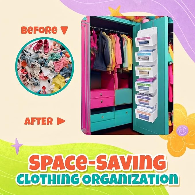 Weekly Clothes Organizer for Kids, Monday through Friday Clothing, 6 Shelf | Houseables Days of the Week Clothes Organizer, Kids Closet, Daily Outfit Storage, Weekday, M-F, School, Hanging, Over Door - Image 7