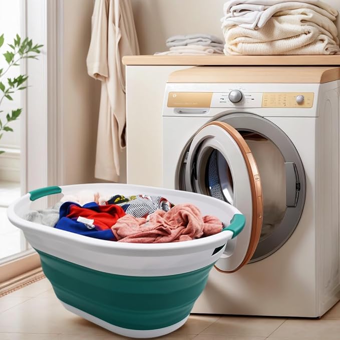 SAMMART 32L (8.4 gallon) Collapsible Plastic Laundry Basket - Foldable Pop Up Storage Container/Organizer - Portable Washing Tub, Water Capacity: 24L (1, White/Dark Green) - Image 2