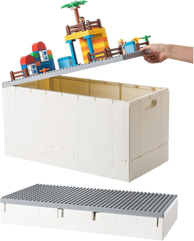 53 Qt. Folding Storage Box with Large Building Lid for Lego Duplo Blocks, 13 Gallon Collapsible Organizer for Lego Bricks (Gray) by SHIMOYAMA