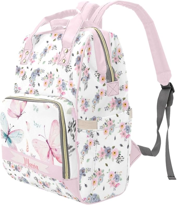 Custom Diaper Bag Backpack with Name Personalized Floral Butterfly Nappy Bag for Mommy Mother's Day Gift Customized Adjustable Shoulders Nursing Bag Daypack - Image 2