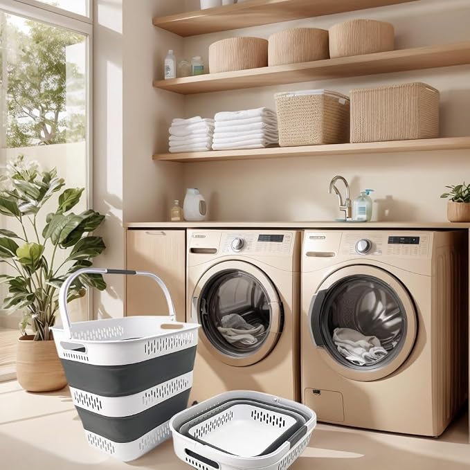 SAMMART 40L (10.5 Gallon) Collapsible Plastic Laundry Basket with Handles - Foldable Pop Up Storage Container/Organizer - Portable Laundry Hamper - Space Saving (2, White/Steel Grey) - Image 3