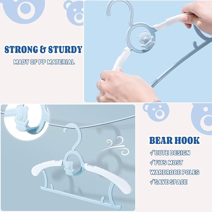 Baby Clothes Hangers 20 Pack, Plastic Kids Hangers Space Saving for Closet | Blue Hanger for Toddler Girl and Boy - Lightweight Anti-Slip Cascading Padded Extendable Adjustable Pant Bear Children Hangar - Image 6