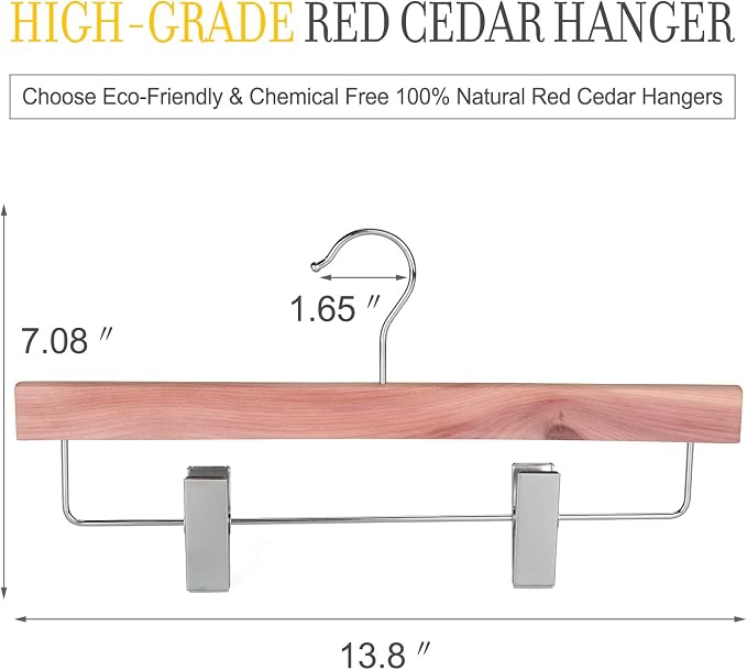 TOPIA HANGER 10 Pack American Red Cedar Natural Wooden Pants Skirt Slacks Bottoms Jeans Hangers with Metal Anti-Wrinkle Adjustable Clips, 360° Stronger Chrome Hooks, CT07P - Image 2