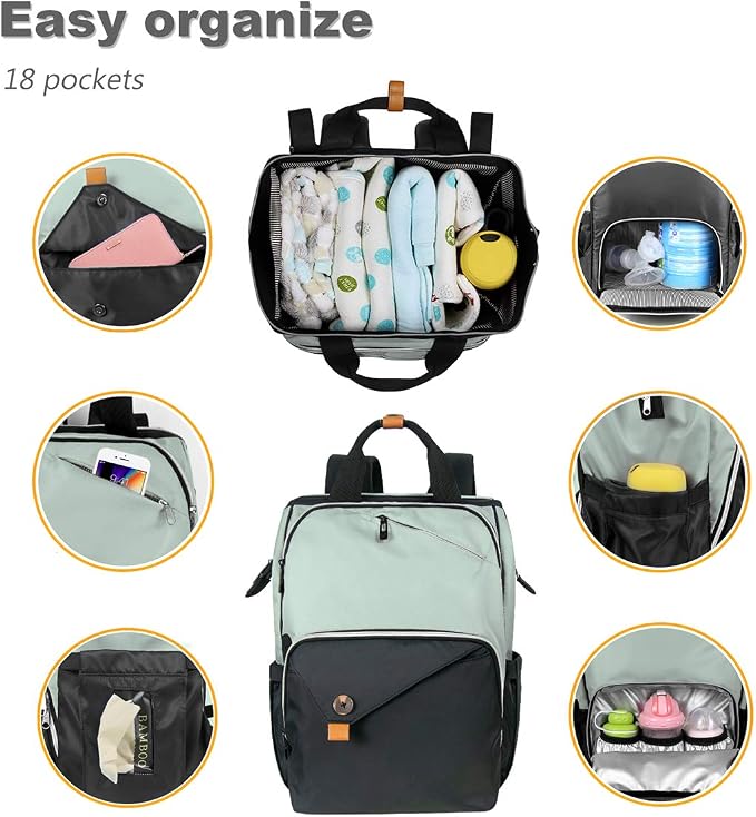 Hap Tim Diaper Bag Backpack,Large Capacity Travel Back Pack Maternity Baby Nappy Changing Bags, Double Compartments with Stroller Straps,Waterproof,Grey Black(US7340-GB) - Image 4