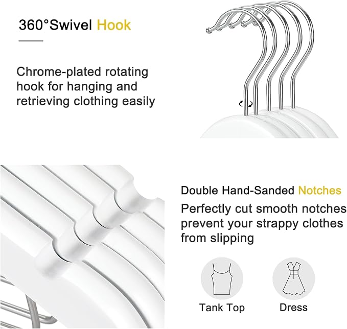TOPIA HANGER Wooden Suit Hangers with Adjustable Metal Clips (10 Pack), Solid Smooth Wood Clothes Hangers, 360° Swivel Hook, Premium Pants Hangers for Clothes Coat, Jeans, Blouse-White,CT28W - Image 5