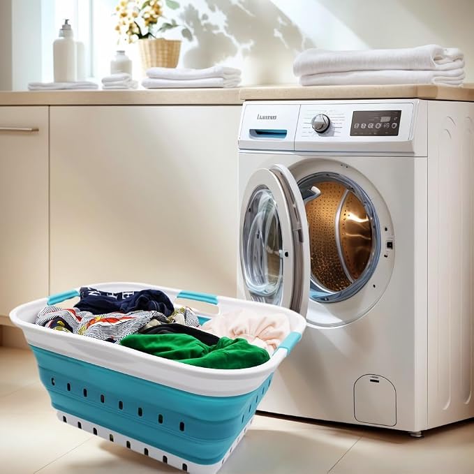 SAMMART 42L (11 gallon) Collapsible Plastic Laundry Basket - Foldable Pop Up Storage Container/Organizer - Portable Basket - Space Saving Hamper/Basket (2, White/Bright Blue) - Image 2