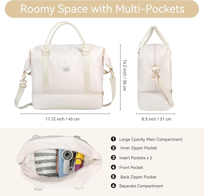 Voova Weekender Duffle Bag Set with Shoe Compartment, 4 Piece, Beige | Carry-on travel set includes weekender, shoe bag, toiletry bag and makeup pouch for organized overnight trips - Image 2