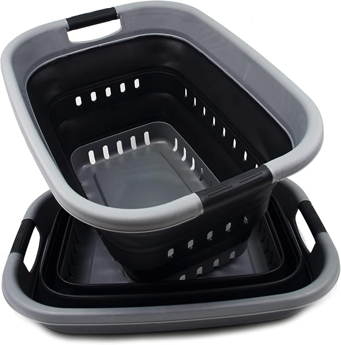 SAMMART 37L (9.77 gallon) Collapsible Plastic Laundry Basket - Foldable Pop Up Storage Container/Organizer - Portable Washing Tub - Space Saving Hamper/Basket (2, Grey/Black) - Image 5