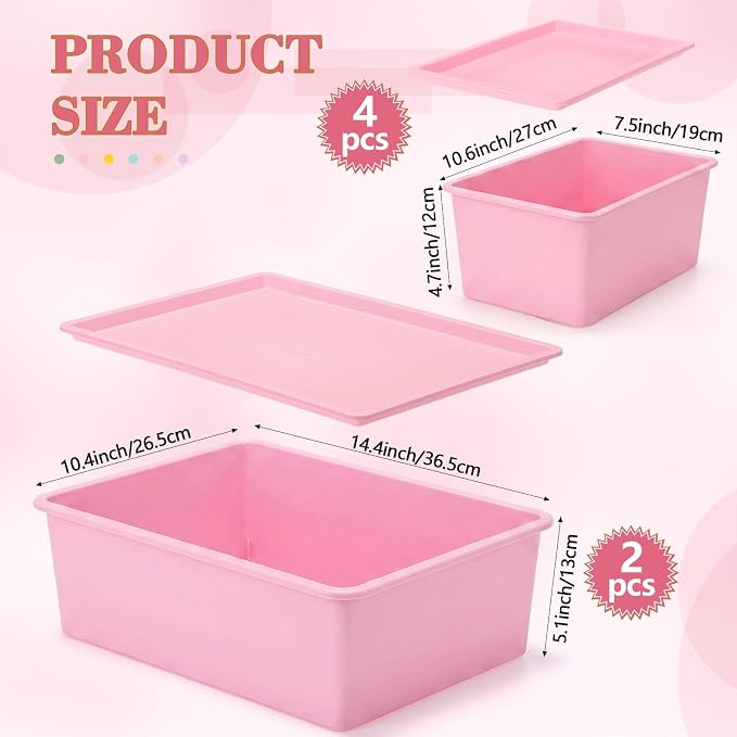 6 Pcs Large and Small Plastic Storage Bins with Lids 14.4 x 10.4 x 5.1 Inch Stackable Storage Containers Decorative Cubby Organizer for Clothes Shelves Garage Closet Office(Pink) - Image 2