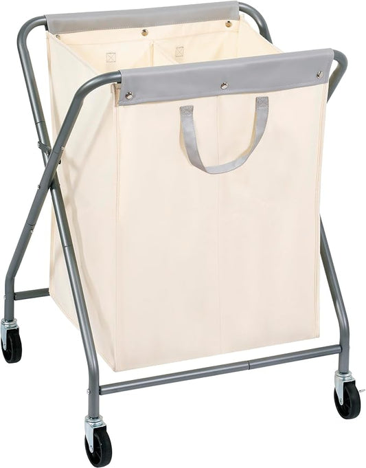STORAGE MANIAC 125L Collapsible Laundry Hamper with Wheels, Rolling Laundry Basket, Heavy Duty Cloth Sorter with Removable Bag, Folding X Frame Clothes Organizer Cart for Easy to Store, 2 Section by STORAGEMANIAC