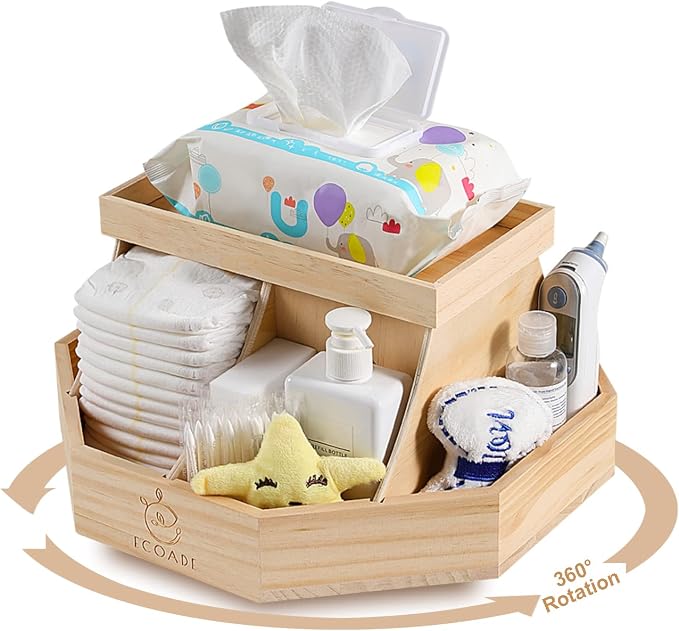 Wooden Diaper Caddy Organizer - 360 Degrees Rotating Caddy with Removable Dividers, Nursery Diaper Organizer by ECOADE