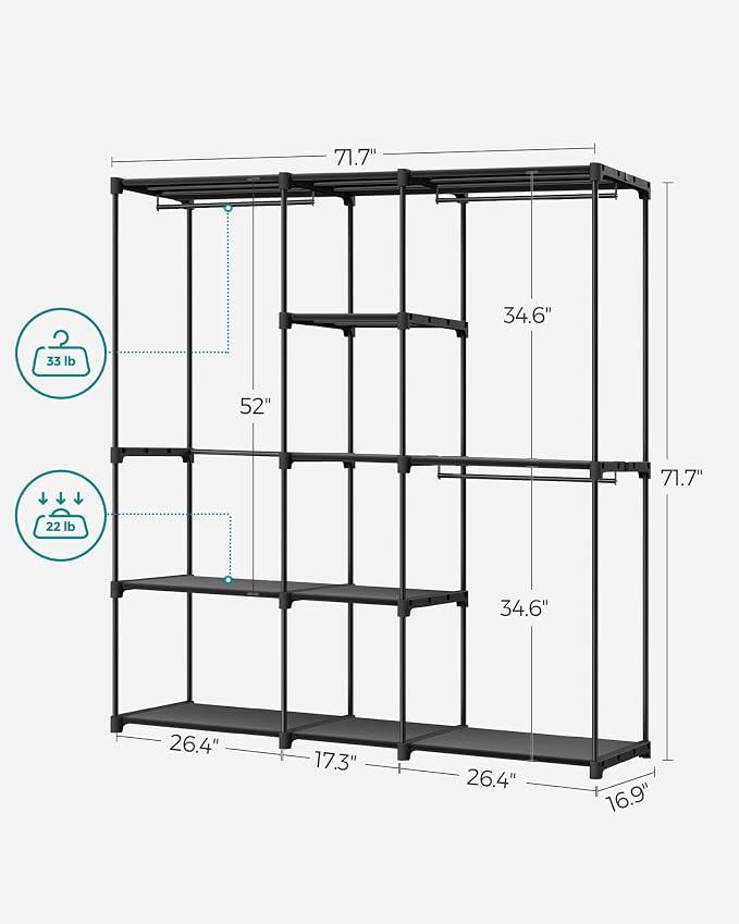 SONGMICS Portable Closet, Freestanding Closet Organizer, Clothes Rack with Shelves, Hanging Rods, Storage Organizer, for Cloakroom, Bedroom, 71.7 x 16.9 x 71.7 Inches, Black URYG037B02 - Image 6