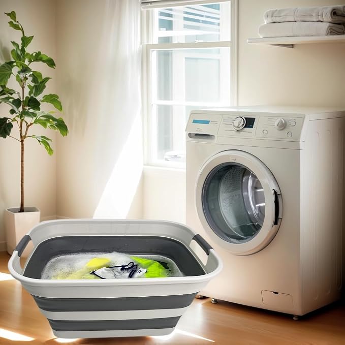 SMMART Collapsible Plastic Laundry Basket with Handle/Foldable Pop Up Storage Hamper/Portable Laundry Organizer-Space Saving Washing Tub/Household Storage Supplies (Grey/Steel Grey, 27L (Set of 2)) - Image 5