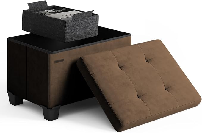 Storage Ottoman Cube with Small Bin, 16-in Square Ottoman with Storage for Living Room and Bedroom, Small Ottomans Foot Rest, Velvet Foot Stools Ottomans Max 330lbs, Brown by STORAGEBUD