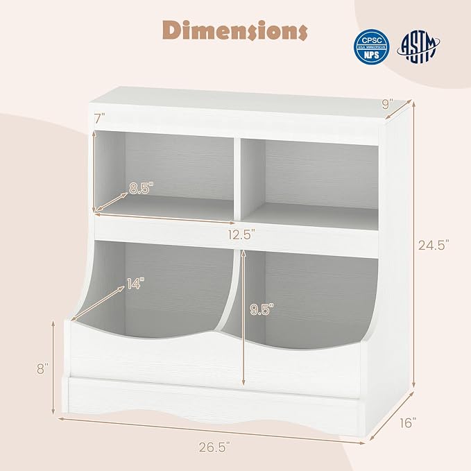 HONEY JOY Kids Toy Storage Organizer, 4-Cubby Wooden Bookcase Cabinet, 2-Tier Open Daycare Shelf for Preschool, Kids Display Bookshelf for Bedroom, Playroom, Classroom & Nursery (White) - Image 3