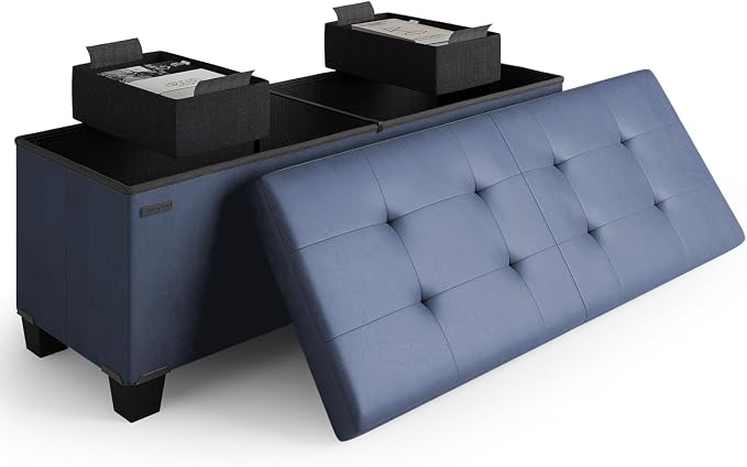 Storage Ottoman Bench with Bins, 43-in Storage Bench for Bedroom End of Bed, Folding Foot Rest Ottoman for Living Room Max 660lbs, Leather Ottomans, Blue by STORAGEBUD