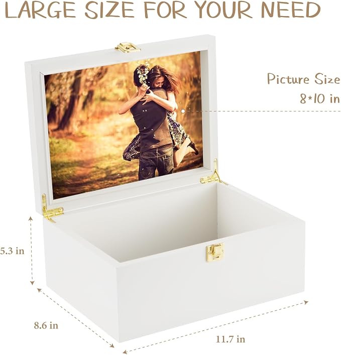 Larger Wooden Memory Keepsake Boxes With Hinged Lids and a photo frame inside the lid - Decorative Storage Box With a Hinge Lids For Picture Letter Time Capsule - 5.3“*8.6”*11.7“ off-white - Image 4
