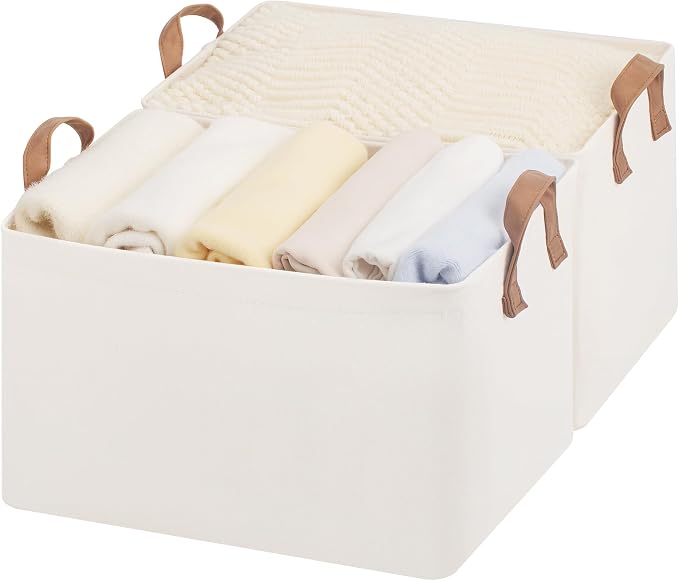 StorageWorks Storage Basket for Shelves, Storage Bins, Natural, 2-Pack | Large, With Reinforced PU Handles, Metal Frame, Sturdy Structure, Collapsible, Holds Clothes, Towels, Blankets by StorageWorks