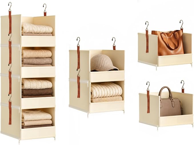 DIMJ Hanging Closet Organizer - 4-Tier Modular Hanging Shelves with Zippers Hooks, Collapsible Baskets for RV, Dorm, Small Spaces, Fabric Storage Bins for Clothes, Handbags by DiMJ
