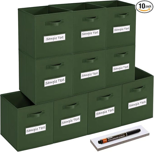 11x11 storage cube bins (Set of 10) Foldable Fabric storage cubes with 10 Labels Window Cards & a Pen,11 inch cube storage bin,Closet Organizers for Shelves,Cubby Organizer Boxes,Dark Green by Artsdi