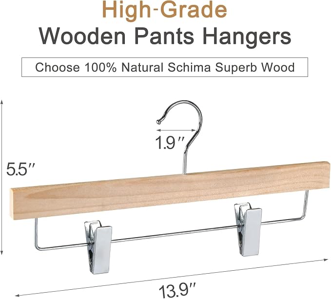 TOPIA HANGER Natural Unfinished Wood Pants Hangers, Wooden Skirt Hanger with Adjustable Clips, 360° Swivel Anti-Rust Hook, Smooth Finish Wood for Trousers 10 Pack-CT10PN - Image 2
