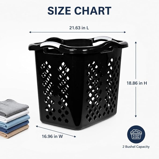 Laundry Basket 2 Bushel Plastic with Handles Black for Bedroom Dorm | 2 Bushel Laundry Basket with Wide Base – Tall sides like a hamper, wide base for stability. Diamond holes for ventilation. - Image 3