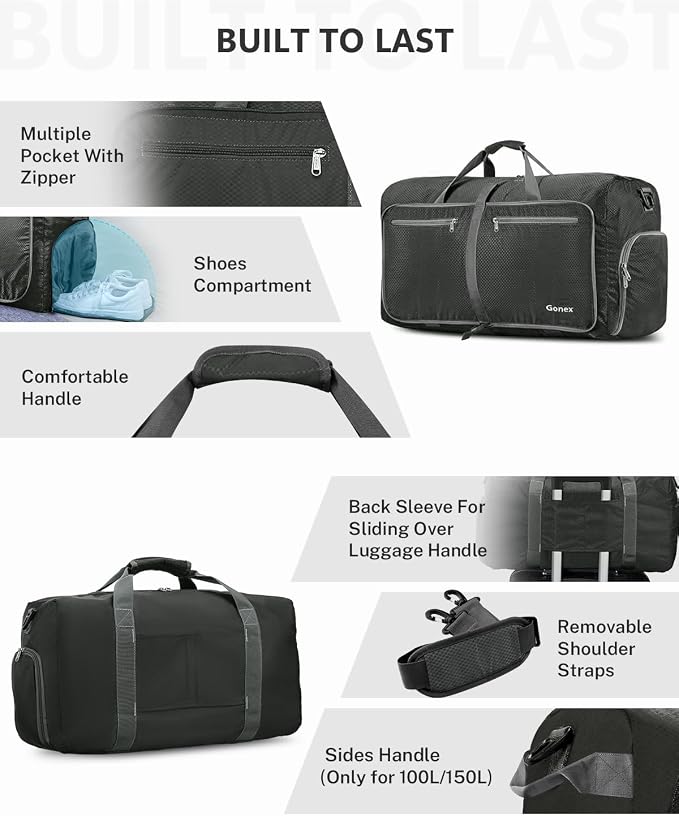 Gonex Foldable Travel Duffle Bag, Lightweight with Shoe Compartment | 210D Nylon, Water-Repellent, Folds Compact, Multiple Pockets, Luggage Sleeve, Travel & Weekend Use, 40L, Grey - Image 5
