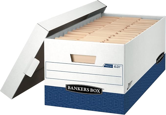 Bankers Box 12 Pack Presto Heavy-Duty File Storage Boxes, Instant Assembly, Lift-Off Lid, Letter, White/Black by BankersBox