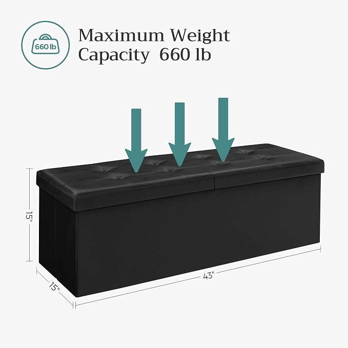SONGMICS 43.3 Inches Folding Storage Ottoman Bench with Flipping Lid | Storage Chest Footrest Padded Seat, Iron Frame Support, Ink Black, MINOTA Collection ULSF75BK - Image 3