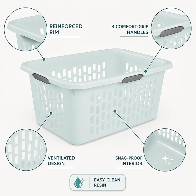 Laundry Basket 2 Bushel Plastic with 4 Handles 6 Pack Mint for Home | 6-Pack 2 Bushel Laundry Baskets with 4 Comfort-Grip Handles – Carries easily from any side. Rectangular ventilation holes. - Image 4