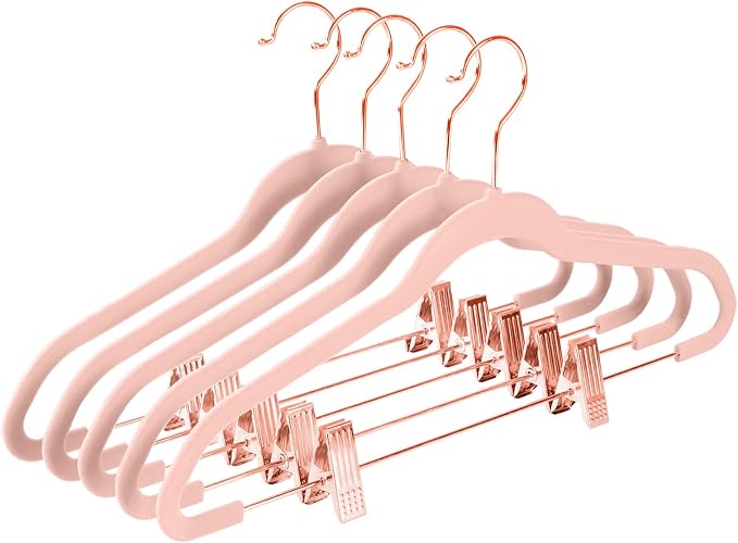 MIZGI Premium Velvet Pants Hangers with Clips (Pack of 20) Slim Skirt Hangers- Non Slip Felt Outfit Dress Hangers Blush Pink - Copper/Rose Gold Hooks,Space Saving Shirt Clothes Hangers by MIZGI