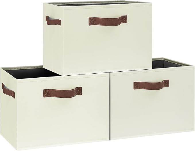 GhvyenntteS Large Fabric Storage Bins with 3 Handles, 15x11x9.6 Inch Storage Baskets for Shelves, Foldable Closet Storage Bins for Shelves, Closet Organizers and Storage Boxes, Beige by GhvyenntteS