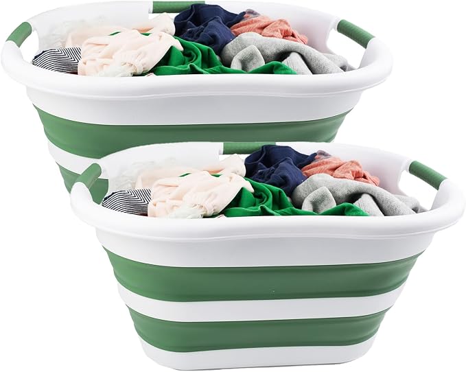 SAMMART 40L (10.5 gallon) Collapsible Plastic Laundry Basket - Foldable Pop Up Storage Container/Organizer - Portable Washing Tub - Space Saving Hamper/Basket (White/Dark Sea Green (Set of 2)) by SAMMART