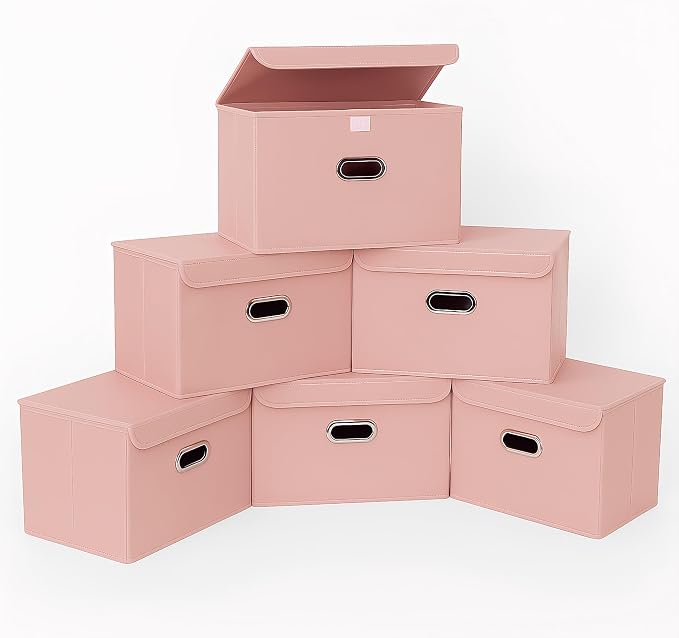 STOREONE Fabric Storage Cube Bins Foldable Organizer Container Collapsible Basket with Lids and Metal Handles, for Home, Bedroom, Closet 6 Pcs (multicolour-pink) by STOREONE