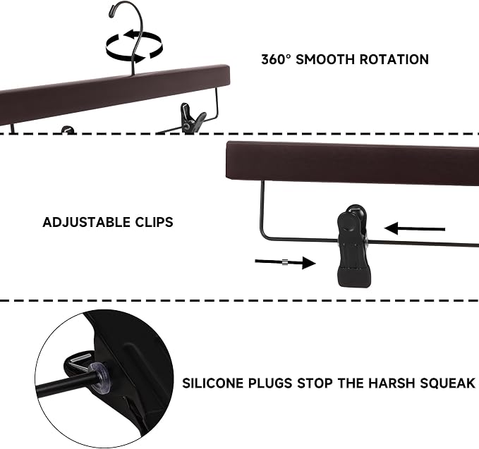 14" Wood Pants Hangers, Adjustable Non-Slip Clip, Dark Cherry, 24-Pack | Solid Wood Material, Bottom Hangers with 360° Swivel Hook, Space Saving Hangers for Skirts, Slacks, Trousers, Jeans - Image 3