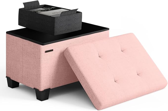 Storage Ottoman Cube with Small Bin, 16-in Square Ottoman with Storage for Living Room and Bedroom, Small Ottomans Foot Rest, Fabric Foot Stools Ottomans Max 330lbs, Pink by STORAGEBUD